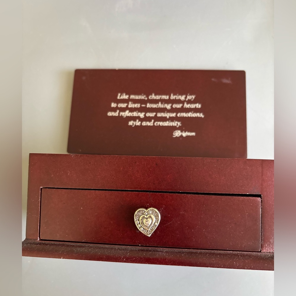 Brighton Mahogany Wood Jewelry Box Flip Top Lid Silver Accent Heart & One Drawer - Picture 3 of 7